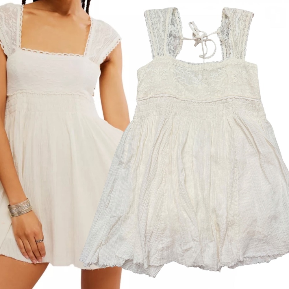 Free People Mini Dress Lace Inset Smocked Boho Ivory White Small